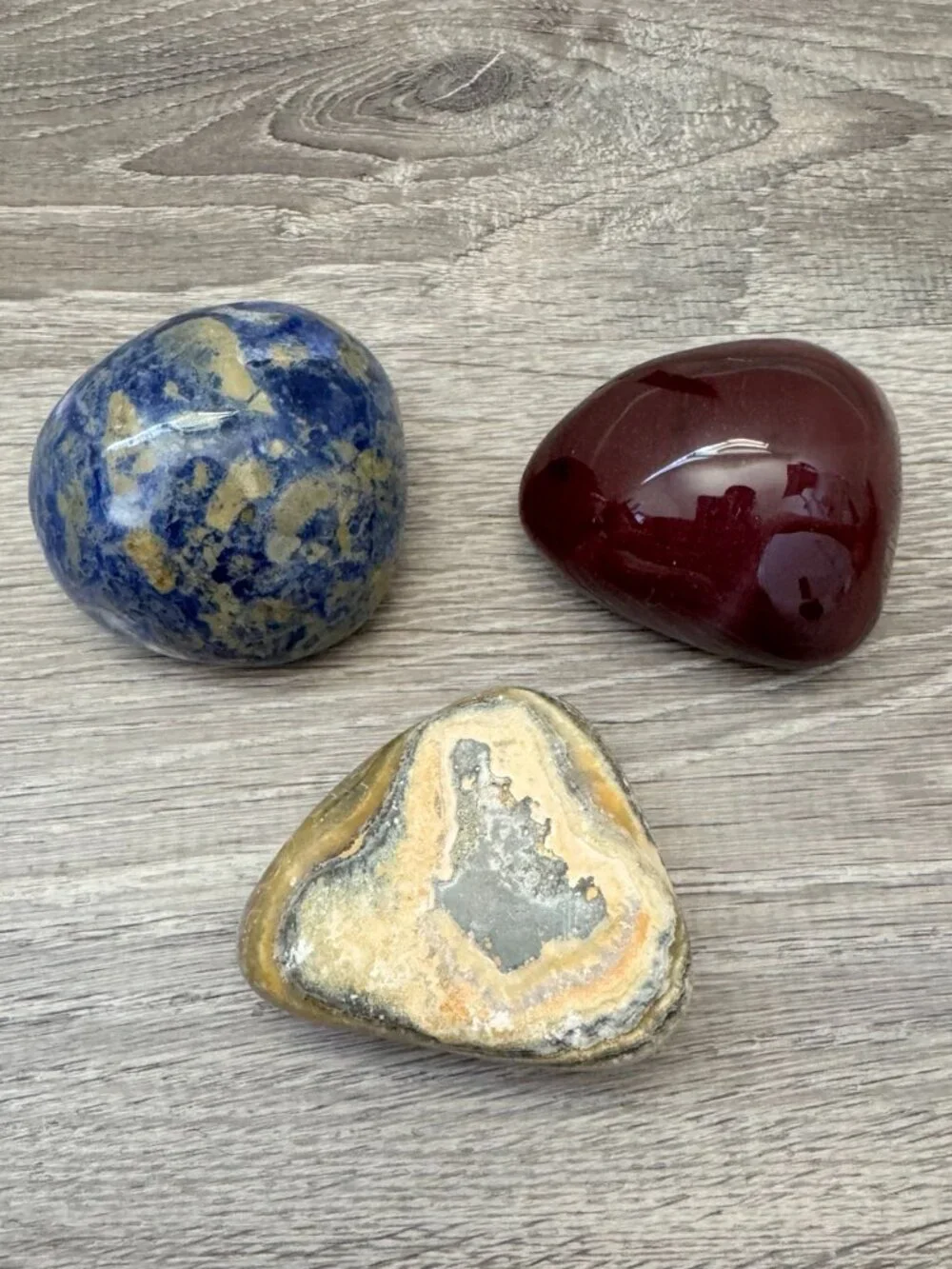 Set of Three Large Display Gemstones | Bloodstone, Bumblebee Jasper, Soladite